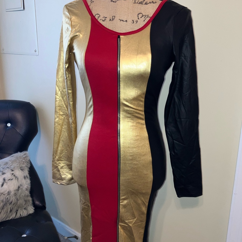 Gold and Red Long Sleeve Bodycon Dress